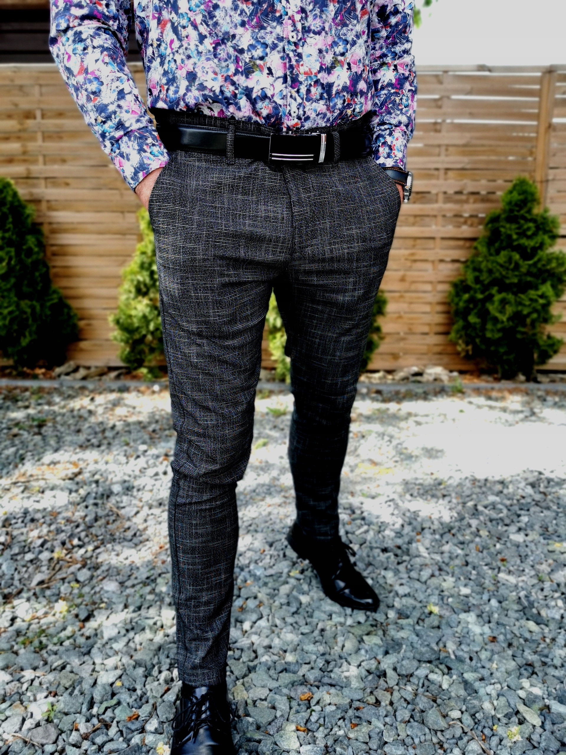 Pánské tmavé elegantní melírované kalhoty DM 32