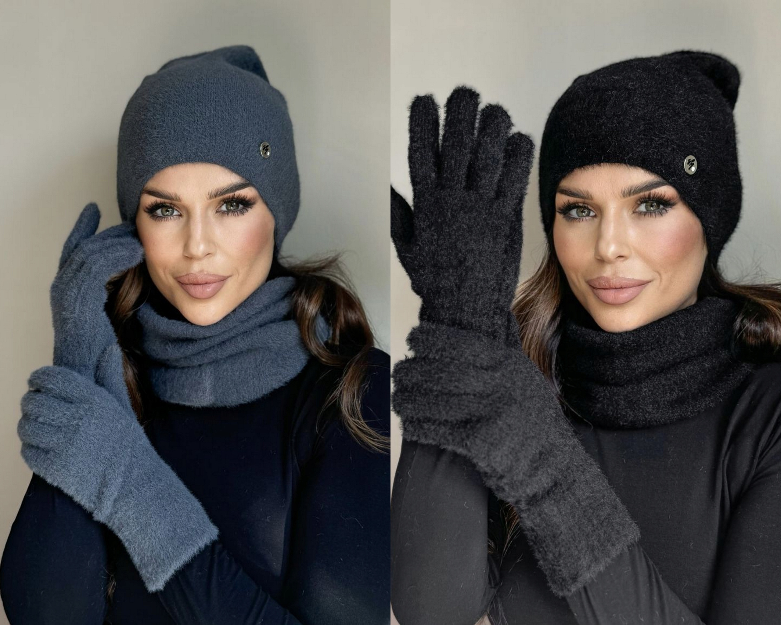 KOMPLET DAMSKI CZAPKA KOMIN GOLF TUBA RĘKAWICZKI ZESTAW CIEPŁY ALPAKA KOLOR Wzór dominujący bez wzoru