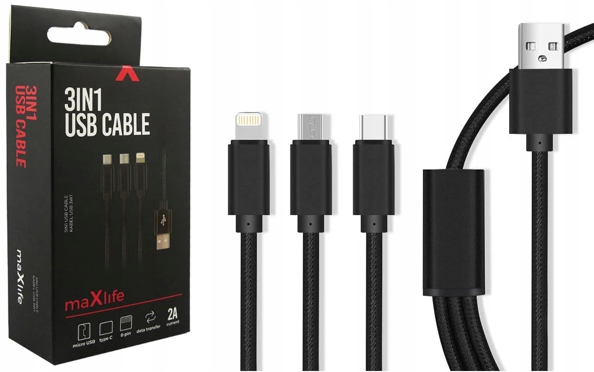 

Kabel 3w1 Lightning do iPhone Micro Usb, Usb-c 1m