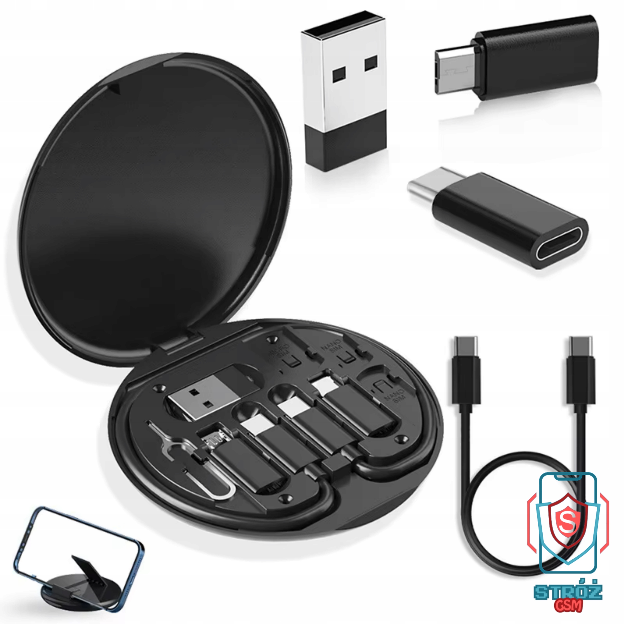 Zestaw 6w1 Organizer Podróżny Travel Box Kabel Adapter USB C iOS MicroSD