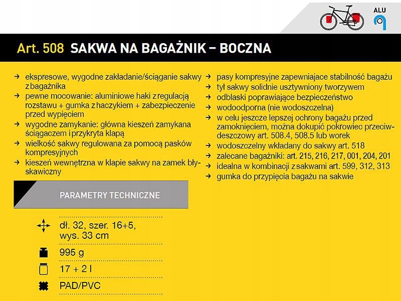 Sakwa rowerowa Sport Arsenal art. 508 Kolor dominujący czarny