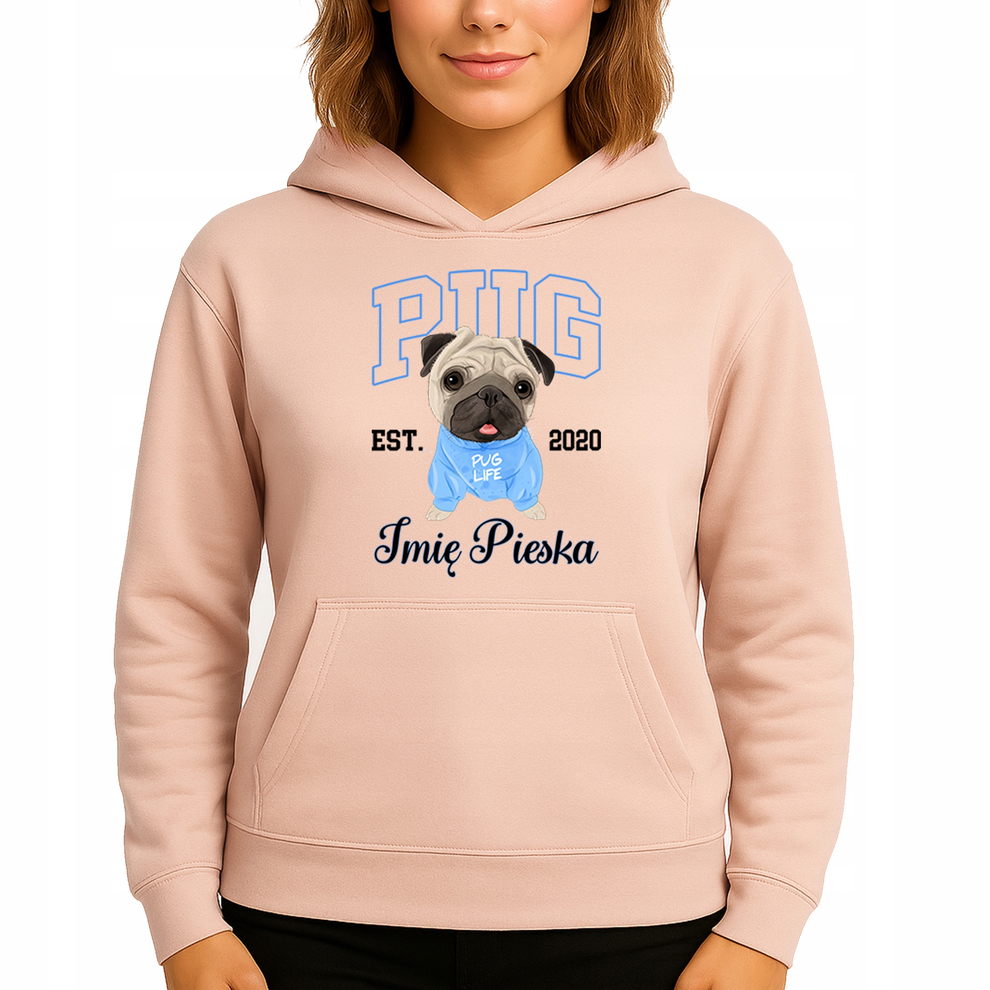 Mikina S Kapucí Broskvová Hoodie Pug Jméno pejska S
