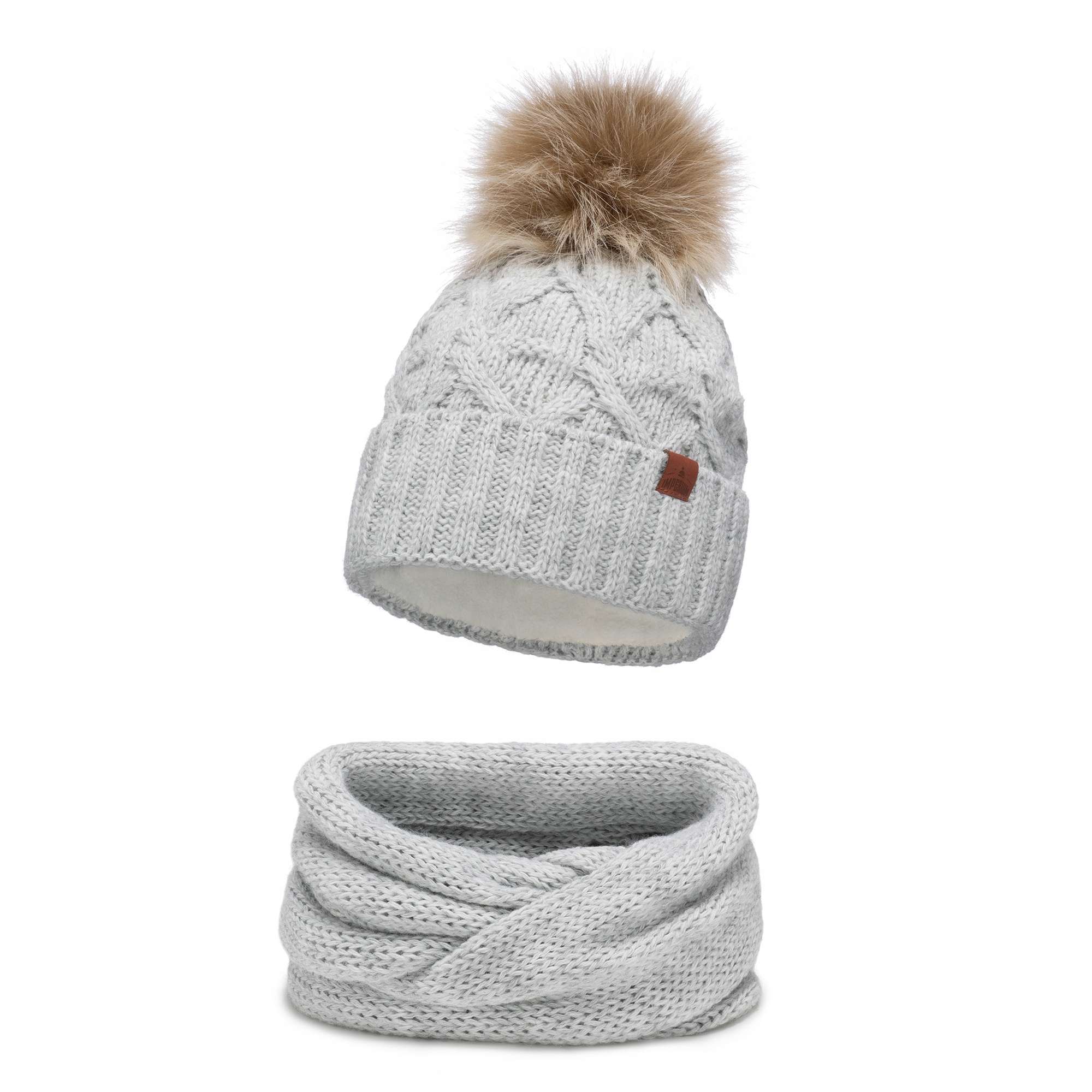 

Czapka zimowa damska z pomponem + komin J. Szary