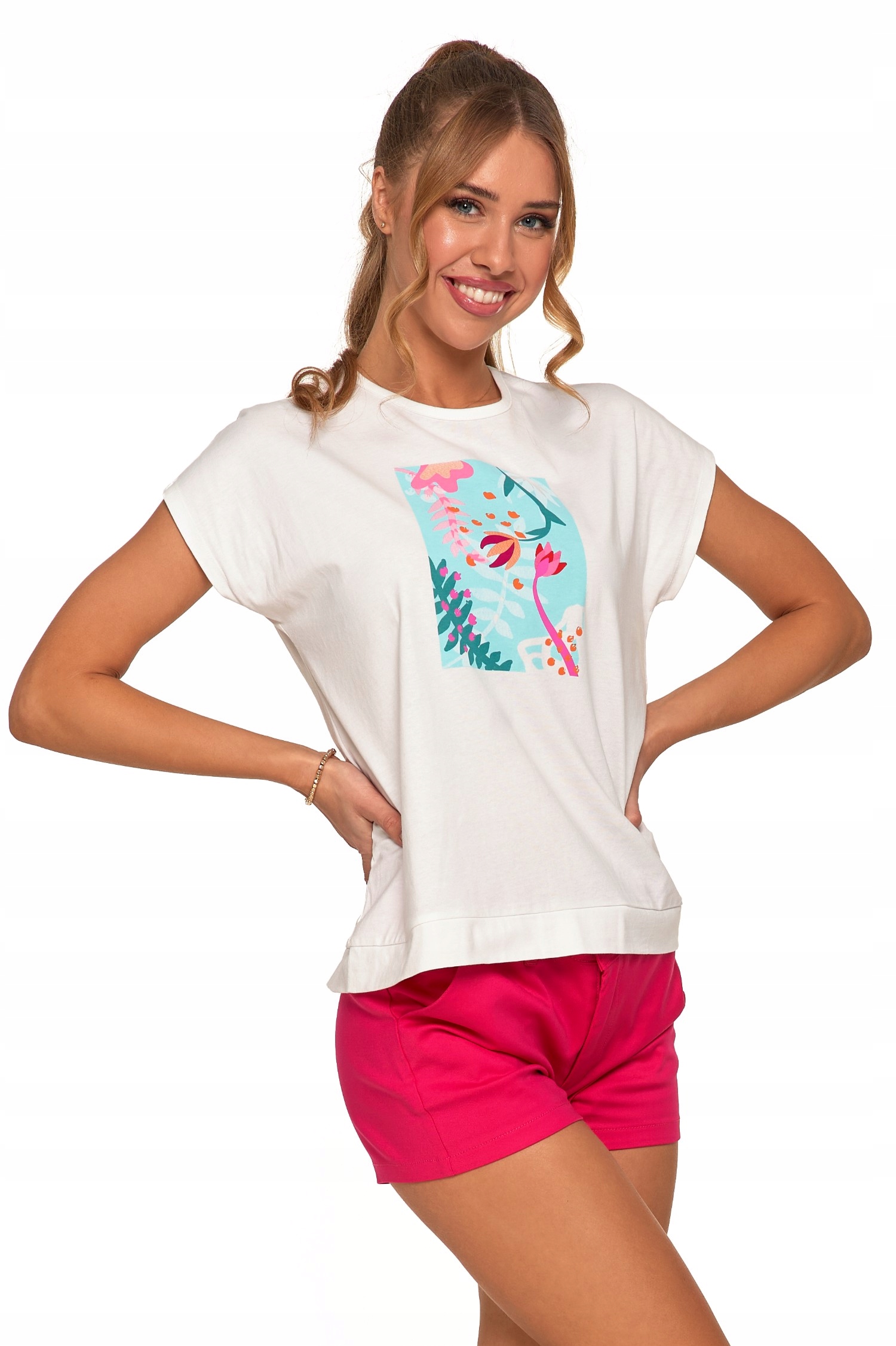 BIAŁA KOSZULKA DAMSKA T-SHIRT Z NADRUKIEM KWIATY MODNA BAWEŁNIANA MORAJ XL Płeć kobieta