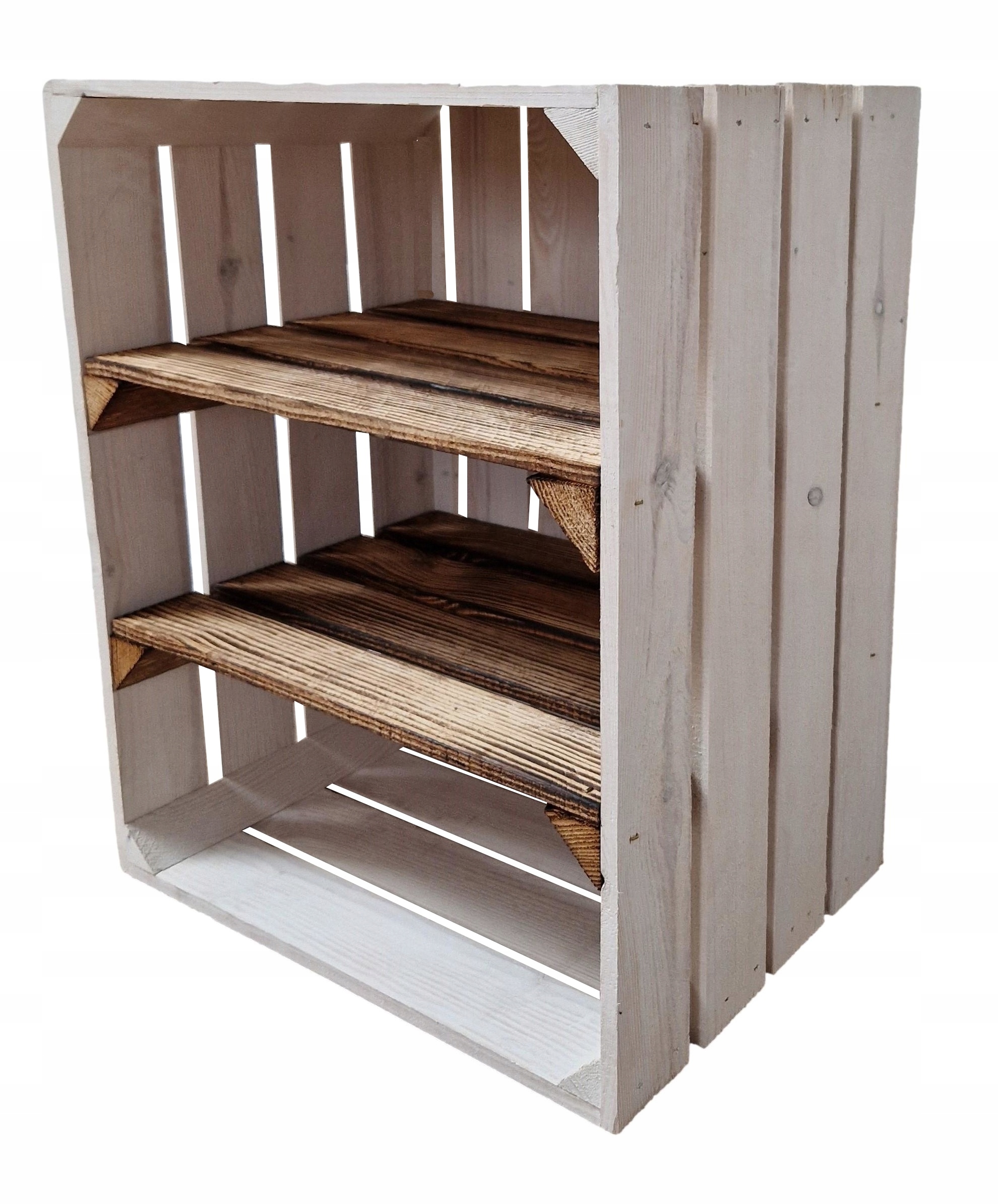 Dřevěná Krabička V Bílé Barvě Se 2 Hnědými Policemi Pro SKLADOVÁNÍ,50x40x30