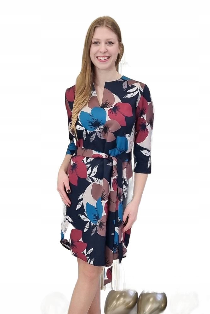 Elegantní šaty s páskem, květy, granátová, velikost 38