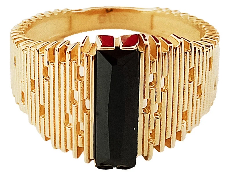 Zlatý široký prstýnek 585 s velkou černou zirkonií, moderní 14K