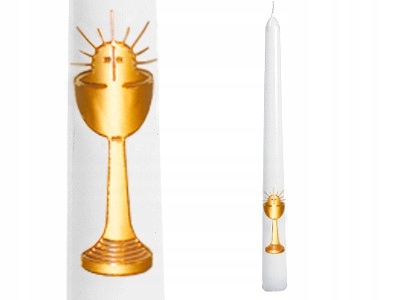 

Świeca stożkowa komunijna biała Kielich Ihs 2szt