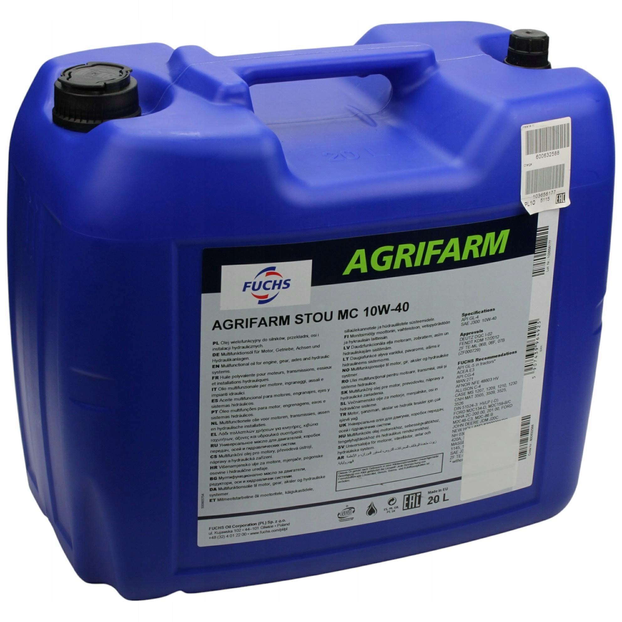 Hydraulický Prevodový Olej Fuchs Agrifarm Stou MC 10V40 20 L