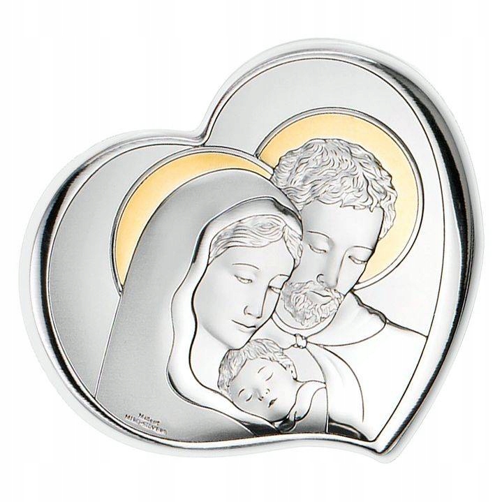 Obraz Svaté Rodiny stříbrný moderní zlacené srdce 25.5x22 cm