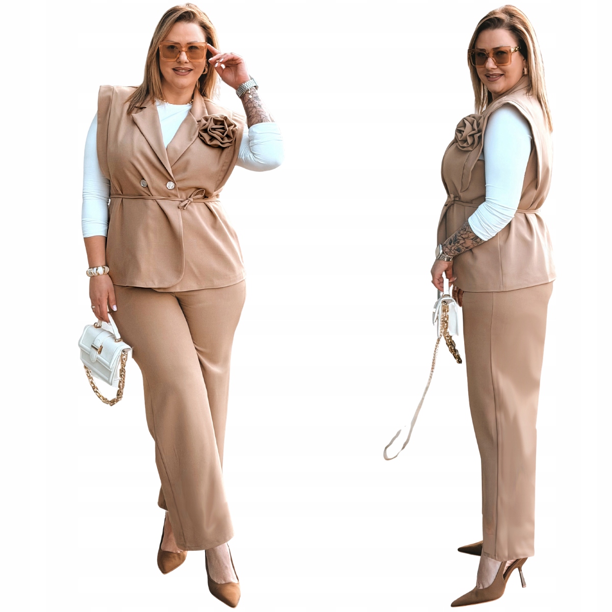Garnitur Plus Size Bez Rękawów Duże Rozmiary Róża Damski Cavaricci Karmel