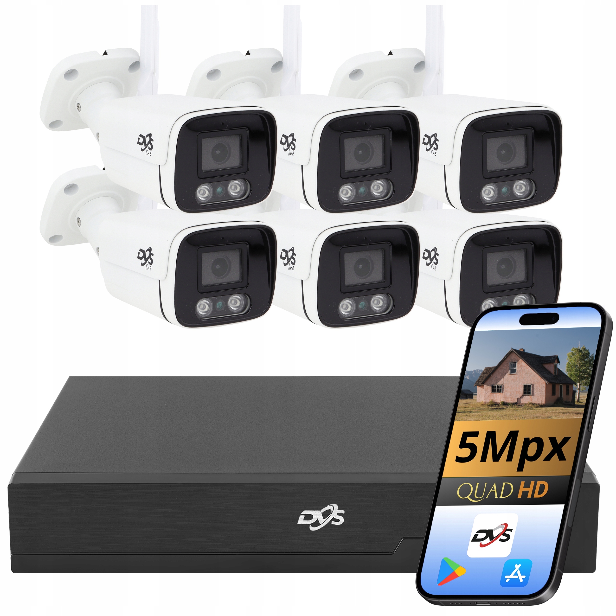 Sada Pro Monitorování 6 Venkovních Wifi Kamer 5MPX Kovový Záznamník Tuba