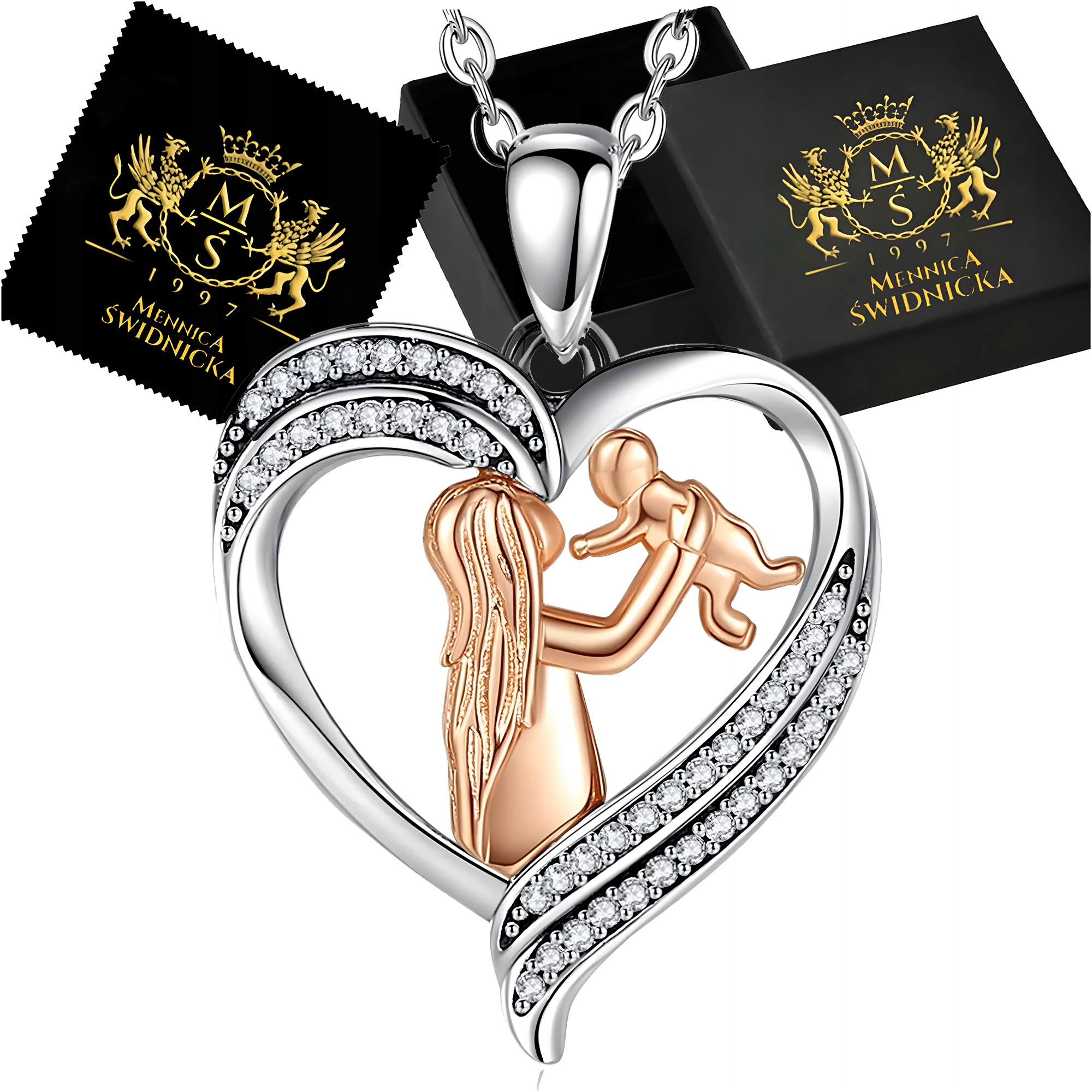 Stříbrný náhrdelník máma s dítětem – srdce se zirkony a růžovým zlatem