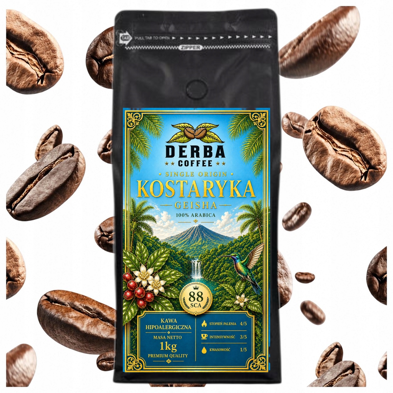 Kawa Kostaryka Niskodrażniąca 1kg ziarnista 100% Arabika Specialty Geisha