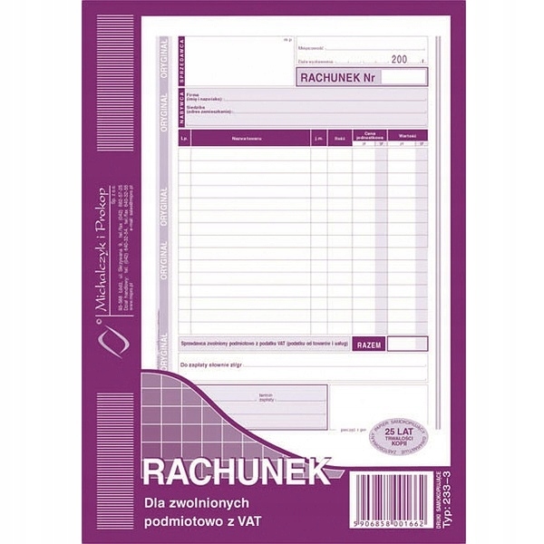 

Rachunek dla zwolnionych podmiotowo z Vat 233-3