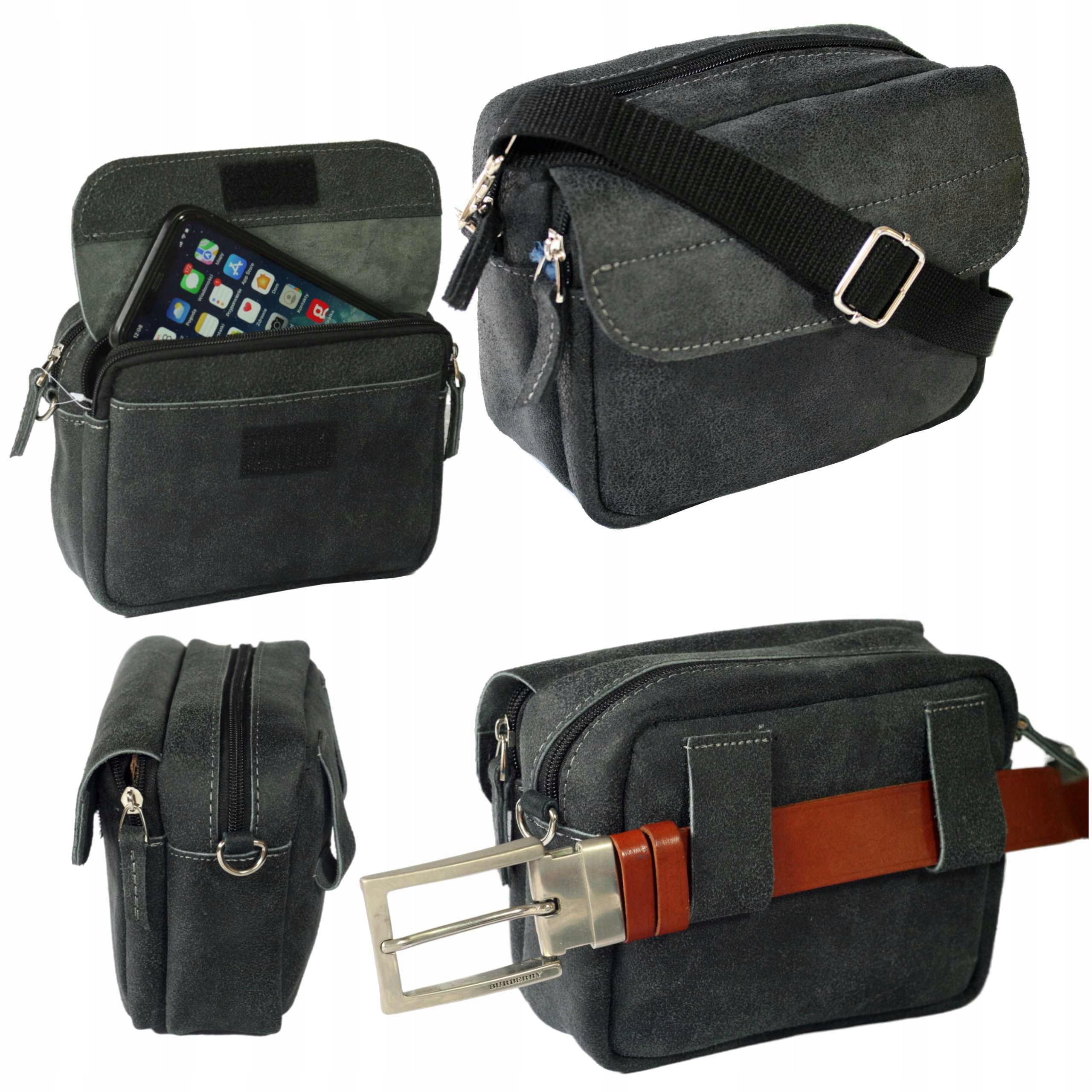 Pánská kožená taška přes rameno na opasek šedá polská výroba malá A5