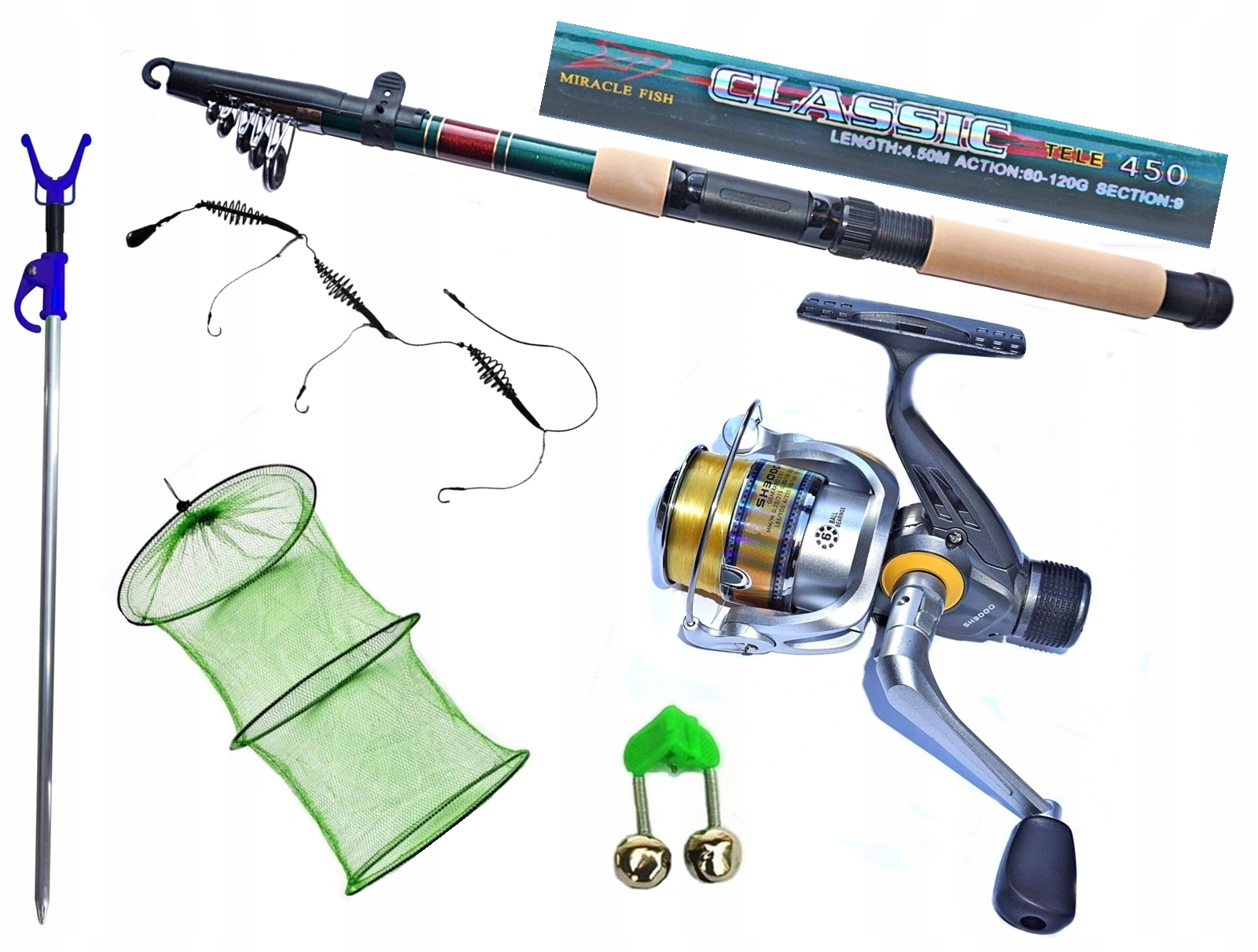 Zestaw Wędkarski Wędka 450cm Kołowrotek SH3000 Gold 6BB Akcesoria Nr 200