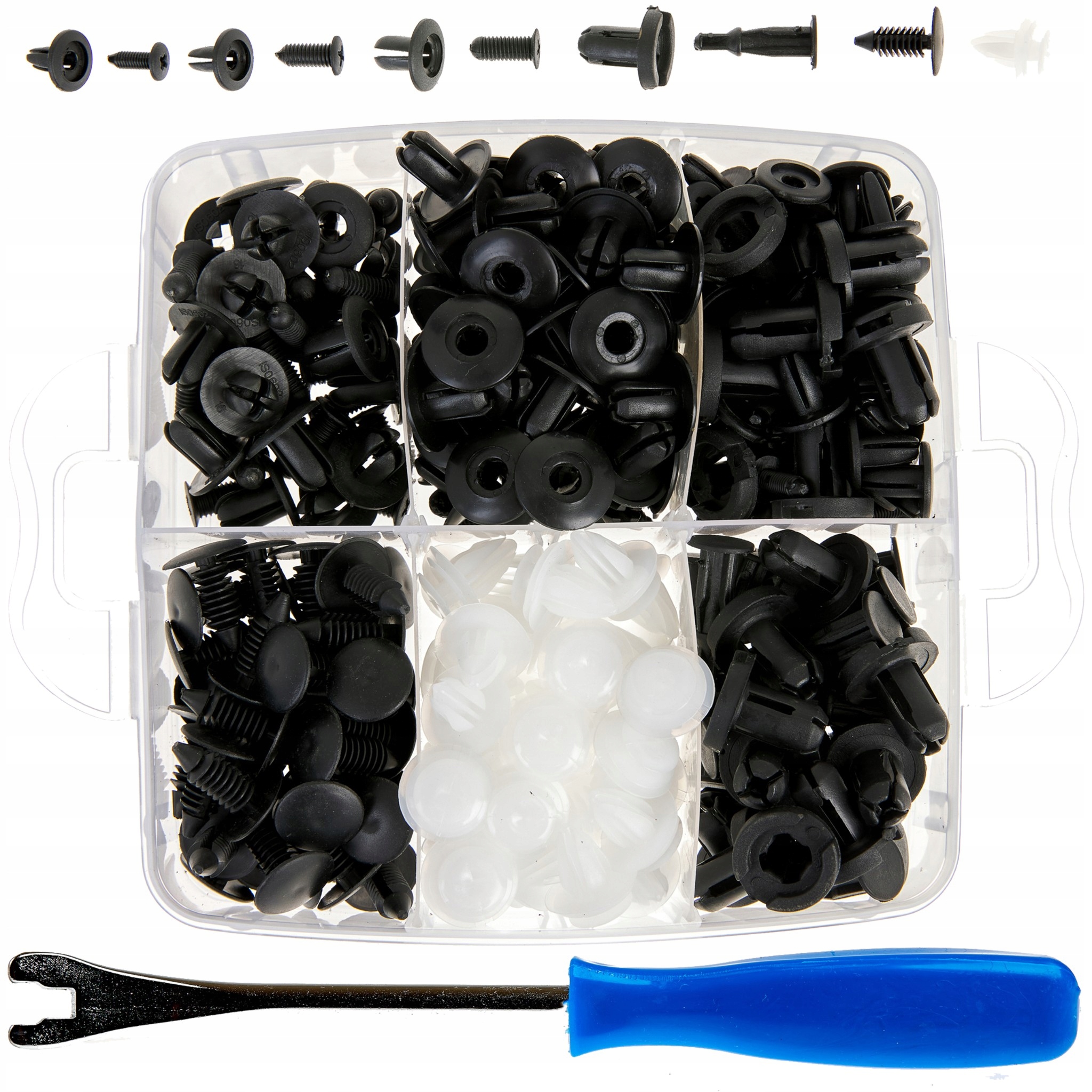 ZESTAW SPINEK KLIPSÓW SAMOCHODOWYCH 200 SZT. + ŚCIĄGACZ SPINEK TAPICERKI