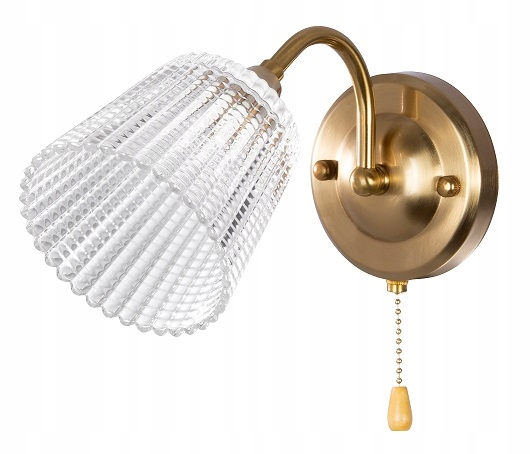 Nástěnné svítidlo s vypínačem na provázku, zlaté, s průhledným stínítkem do ložnice