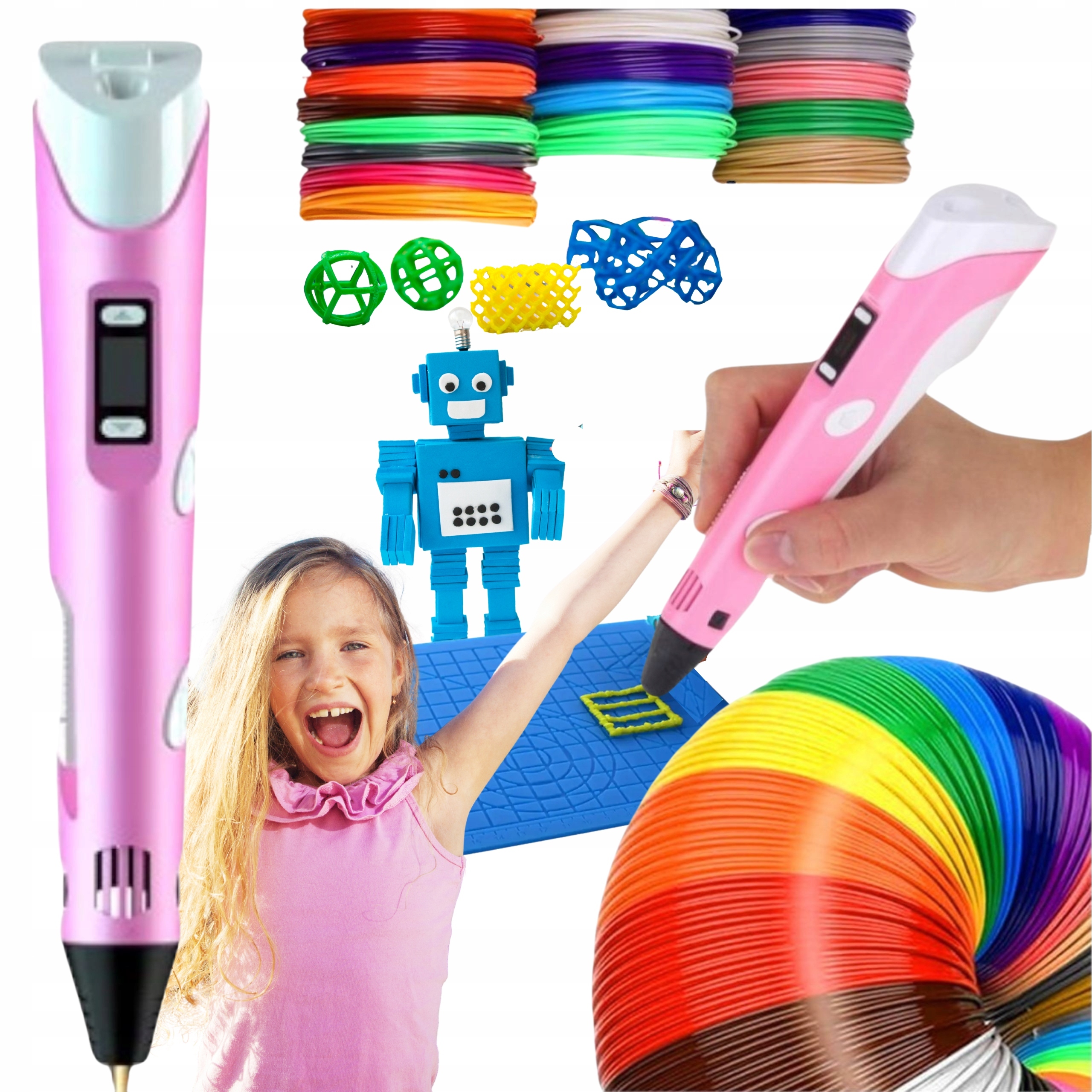 DŁUGOPIS 3D dla Dzieci DRUKARKA PEN Różowy + FILAMENT 310m + MATA Zestaw XL