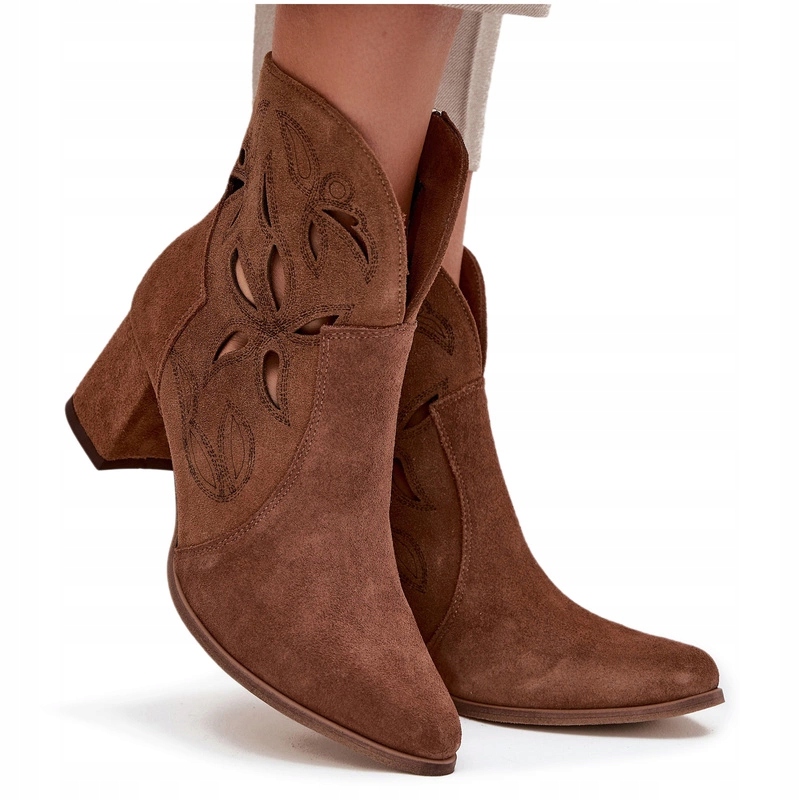 Dámské Kotníkové Boty Ažurové Semišové Sloupek Zazoo 3647 Hnědé 41