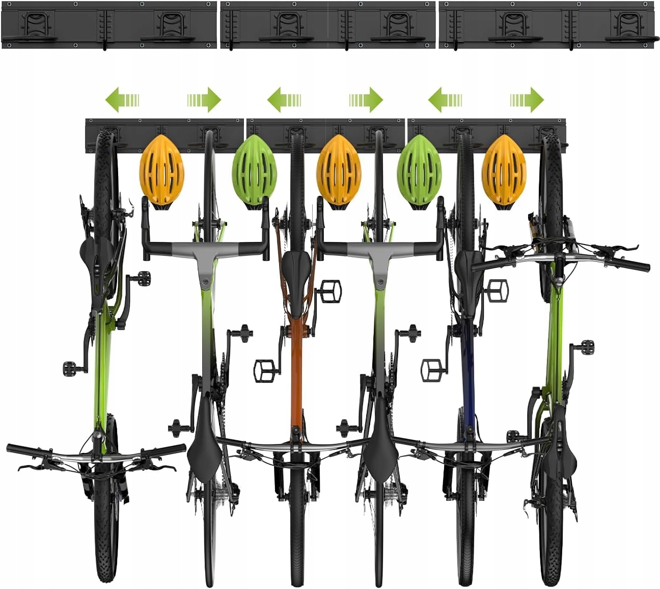 Nástěnný držák pro 6 jízdních kol a 5 přileb, zesílená nová konstrukce do 200 kg