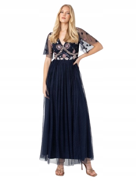 Maya Deluxe Tmavě Modrá Šaty Maxi S Tylovými Rukávy 48 J2H