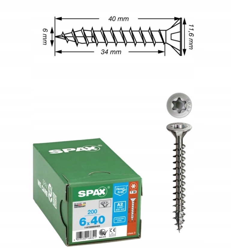 Univerzální vrut do dřeva spax 6 x 40 A2 Tx 200 ks