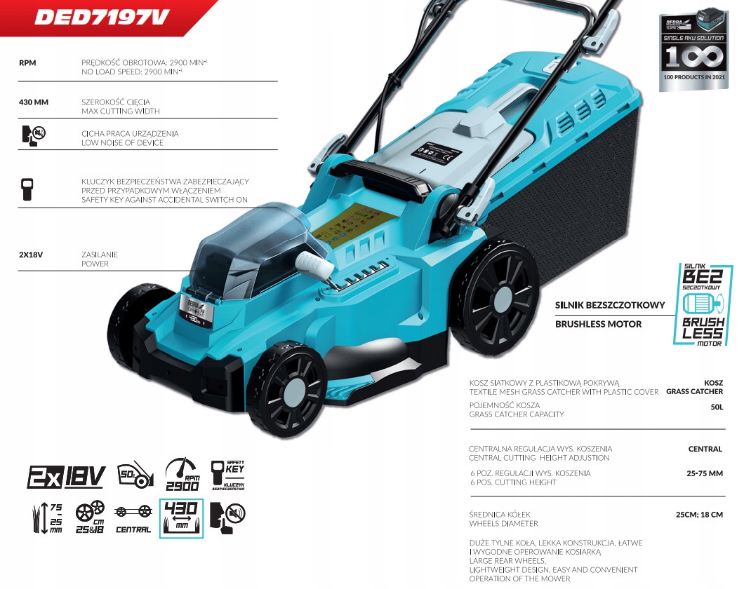 Akumulatorowa Kosiarka 2x 18V DEDRA SAS+ DED7197V + 2x5AH Pojemność akumulatora 5 Ah
