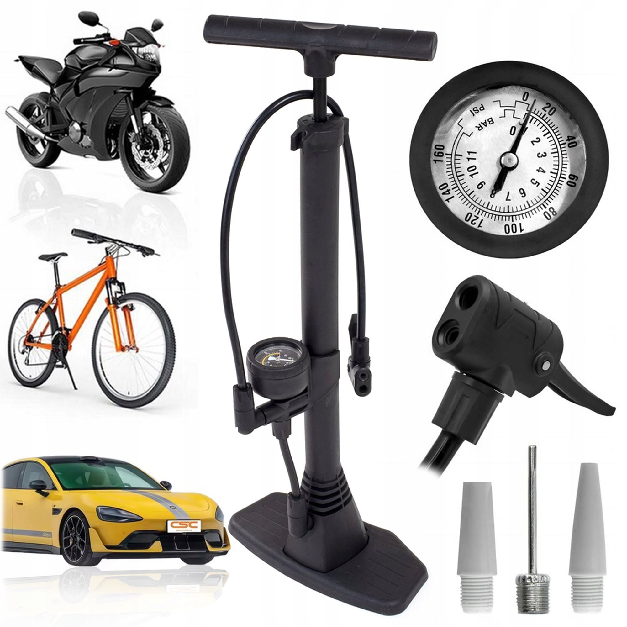 POMPKA RĘCZNA ROWEROWA KOMPRESOR Z MANOMETREM SAMOCHODOWY DO MATERACA PIŁKI