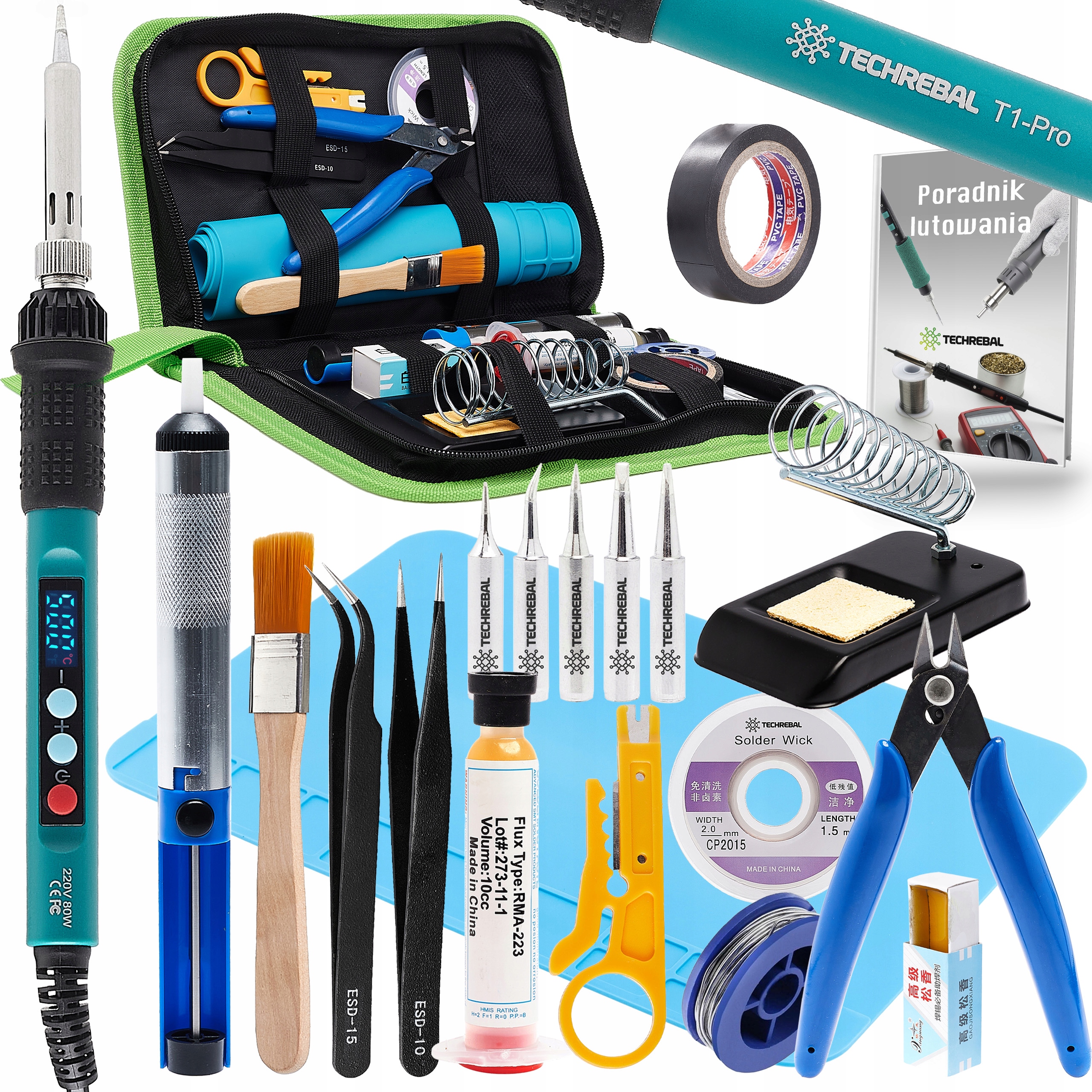 Mocna Lutownica 80W Duży Zestaw Lutowniczy 16w1 Mata Plecionka Cyna 5x Grot