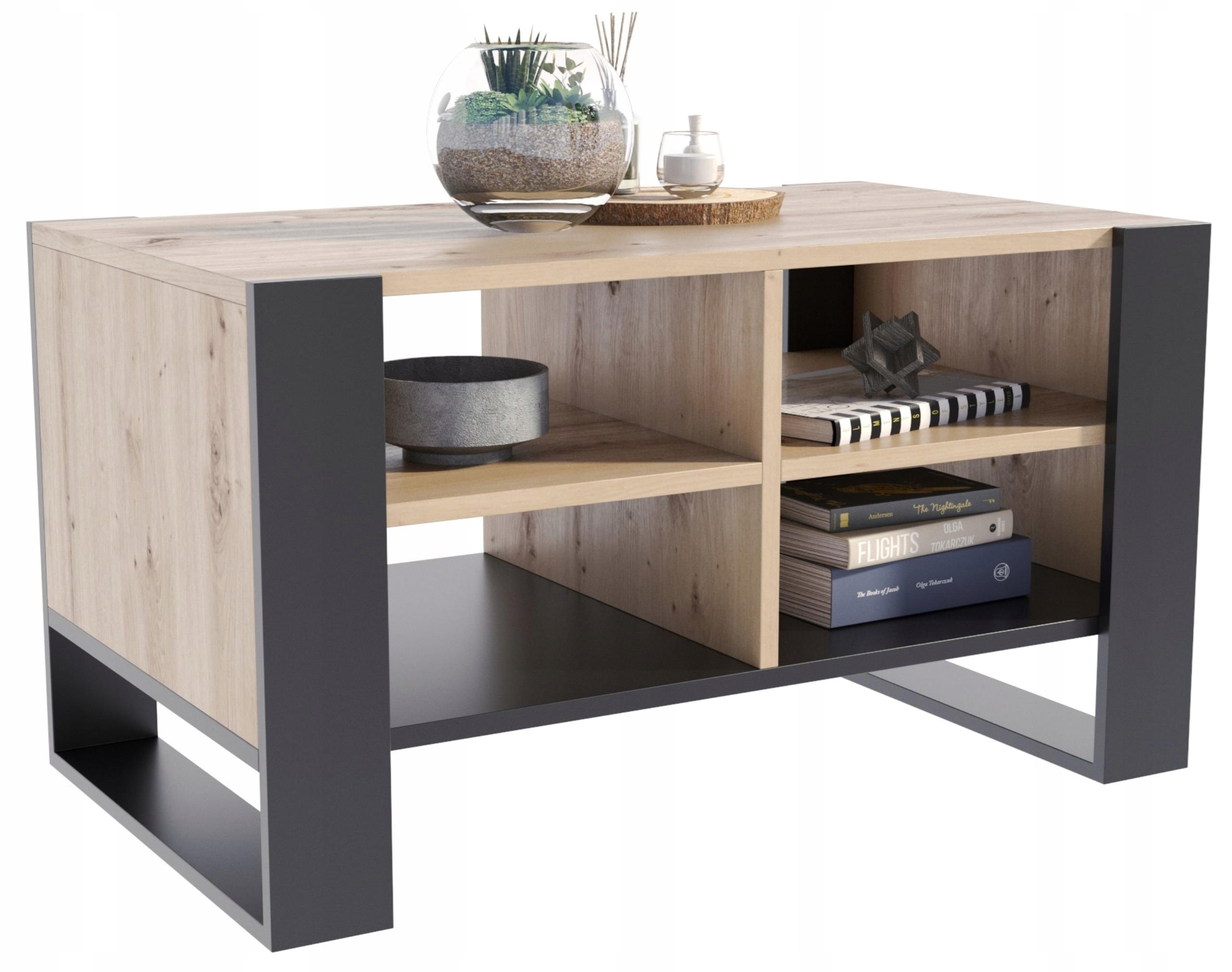 Lavica konferenčný stolík Figa artisan-čierny stôl s poličkou a policami loft, úložný priestor Pe