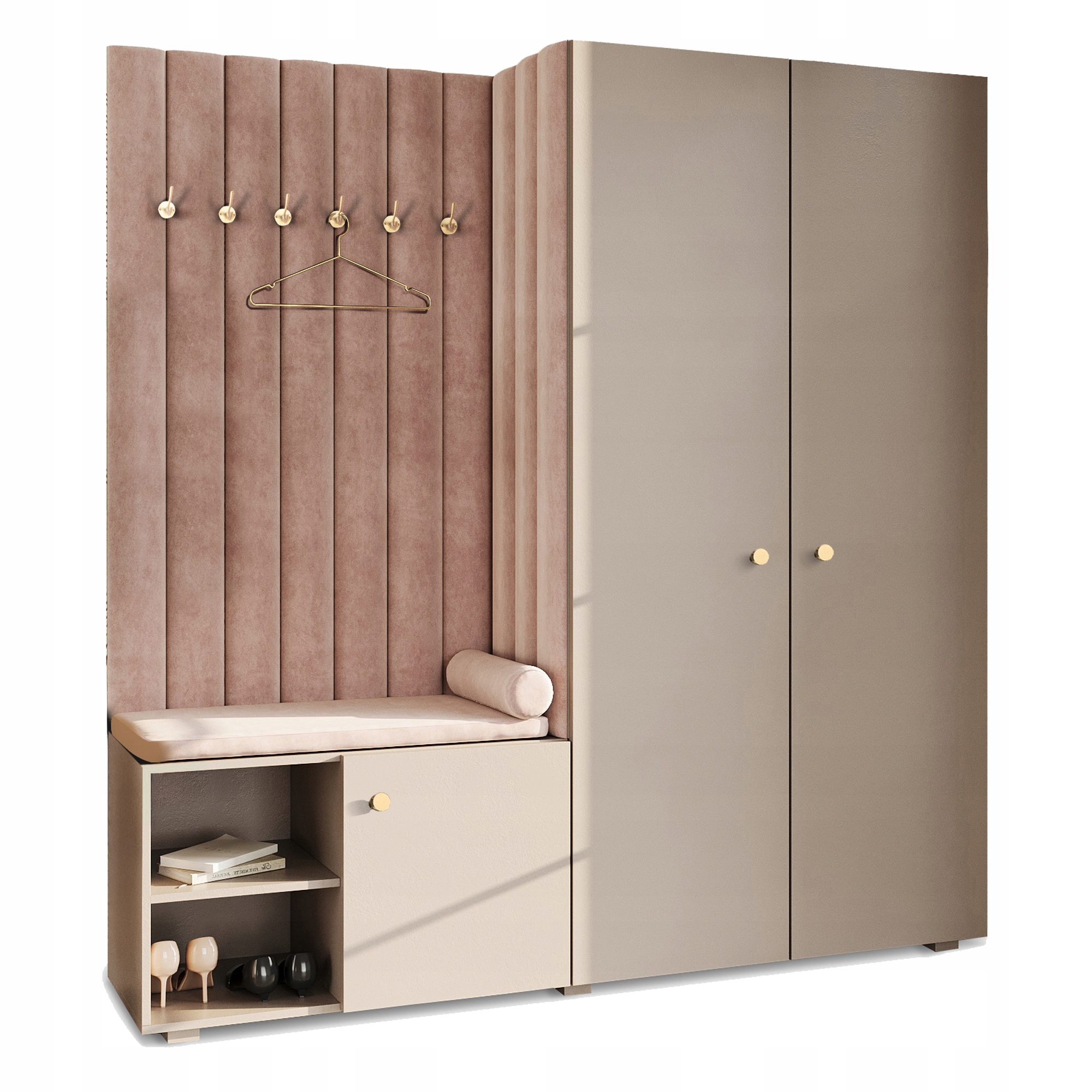 Šatní Skříň Do Předsíně Se Sedákem, Béžová, Písková Barva, Zlatý Úchyt, Cloud 60
