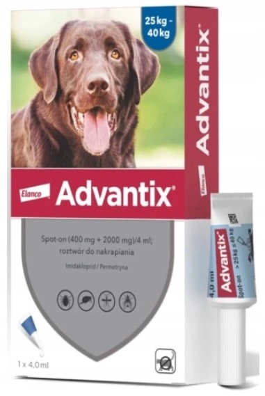 Advantix Spot On krople na pchły kleszcze dla psa 25-40 kg 4ml x 4 sztuki
