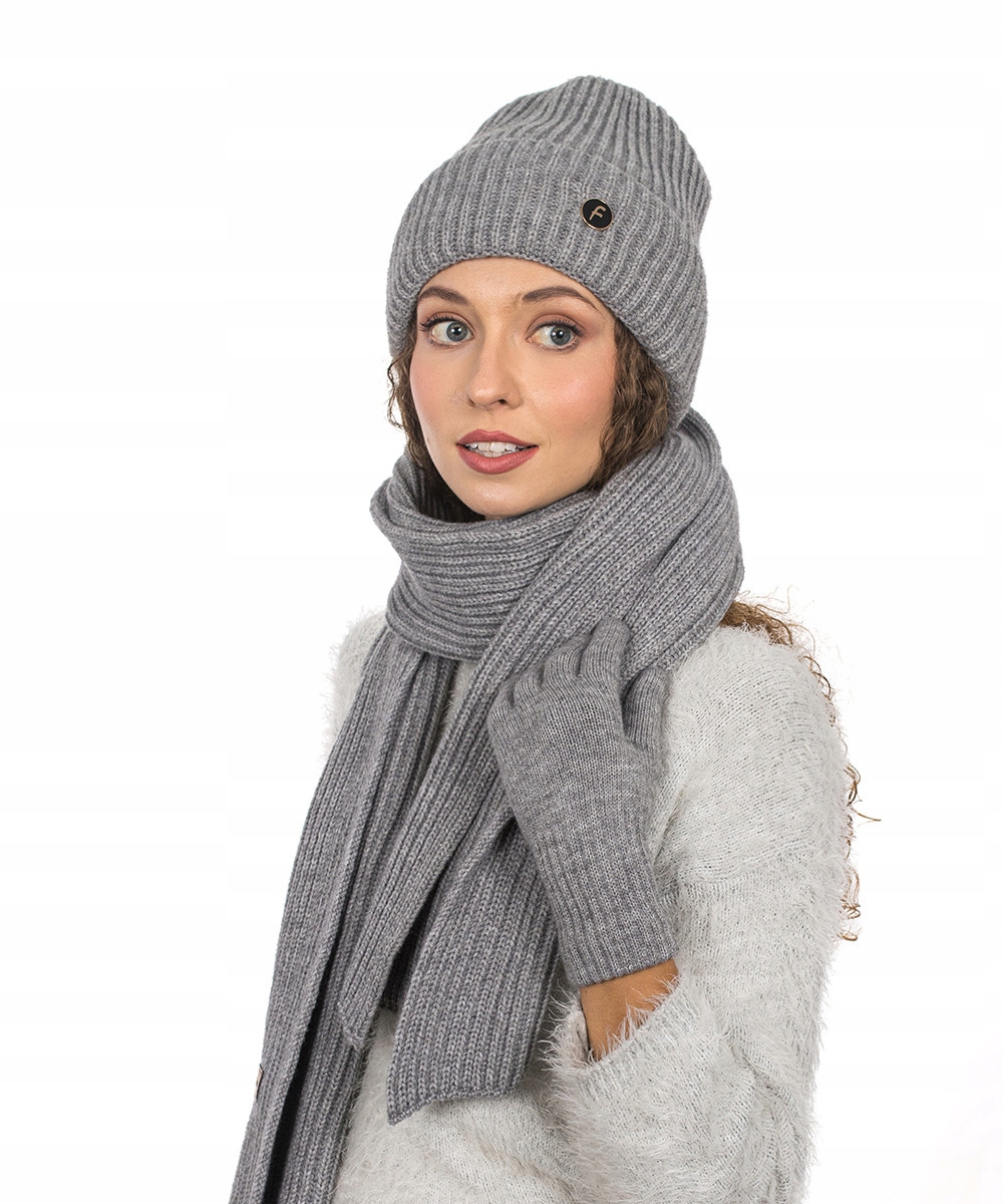 Sada: Čepice, Dlouhá Šála a Rukavice 3v1 Teplá Zimní Stylová Šedá