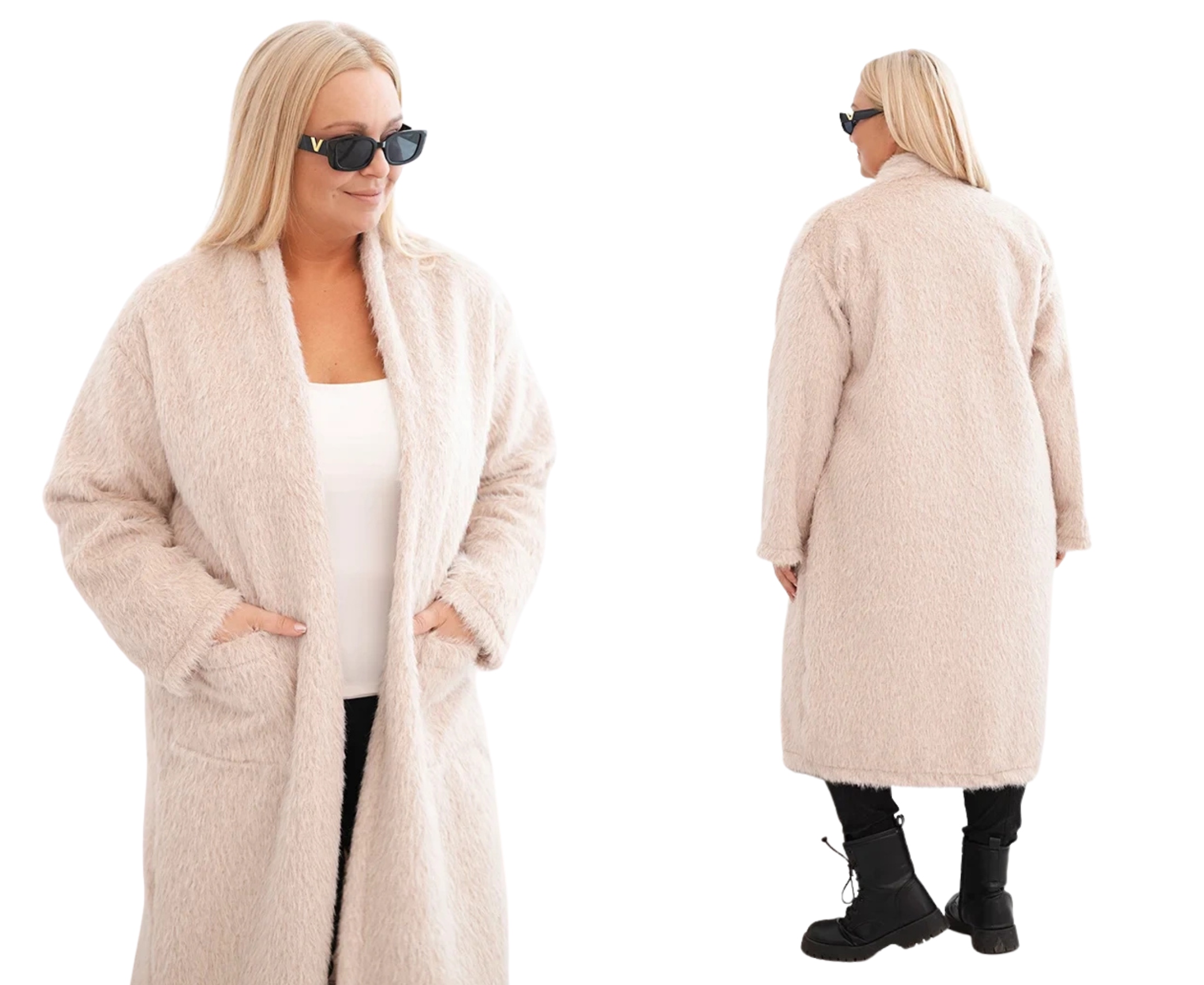 Béžový dámský viskózový kabát Plus Size bez zapínání