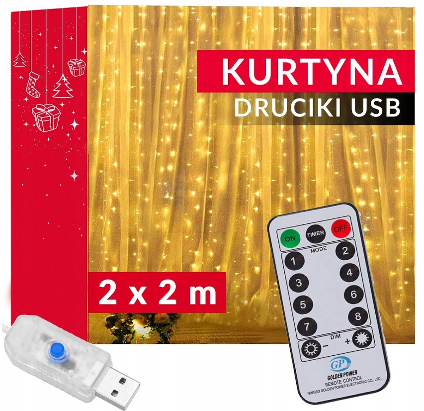 

Kurtyna 200 Led Druciki 2x2m Biały Ciepły 200L Usb