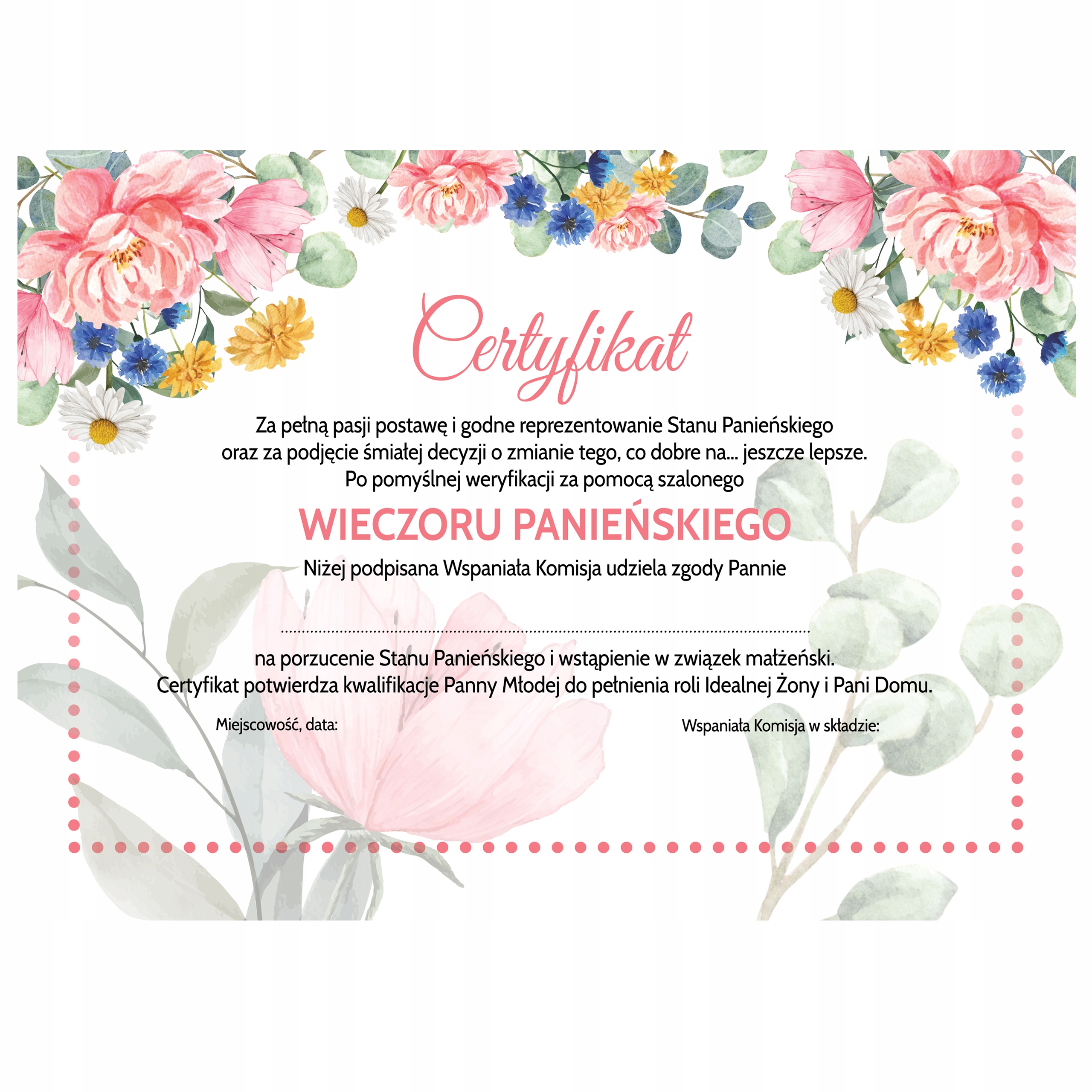 

Certyfikat Panny Młodej dyplom pamiątka panieński