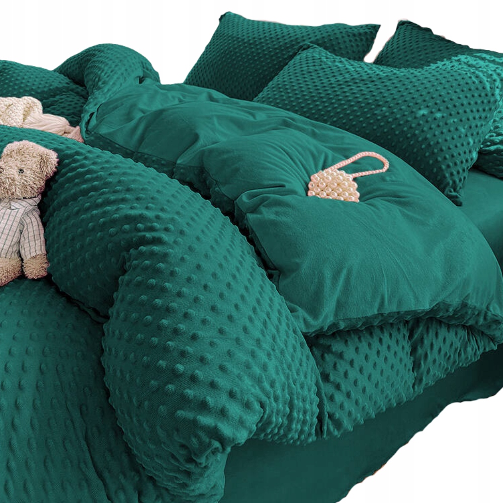 Pościel 160x200 pluszowa polarowa Minky miś kropki 3D zimowa ciepła zielona