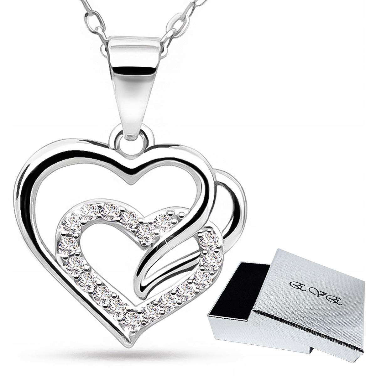 Srebrny Naszyjnik Łańcuszek Serce Serduszka Cyrkonie Srebro 925