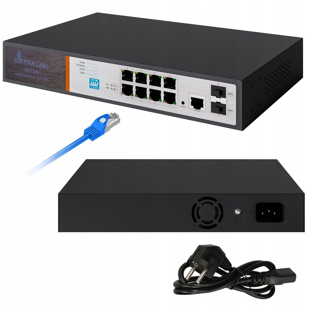 Extralink VICTOR Switch PoE 8x Gigabit PoE/PoE+, 2x SFP, 1x Port Konsolowy,