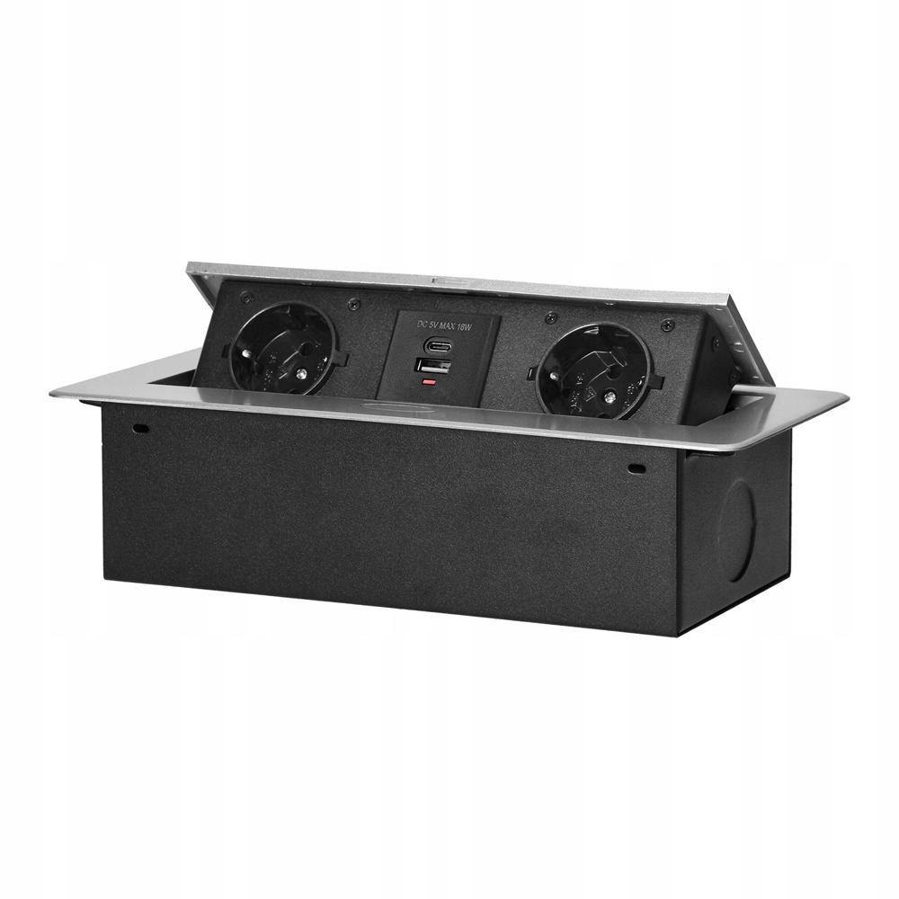 Zásuvka zapuštěná do pracovní desky s Usb nabíječkou, 2x2P+Z (Schuko), 2x Usb, stříbrná