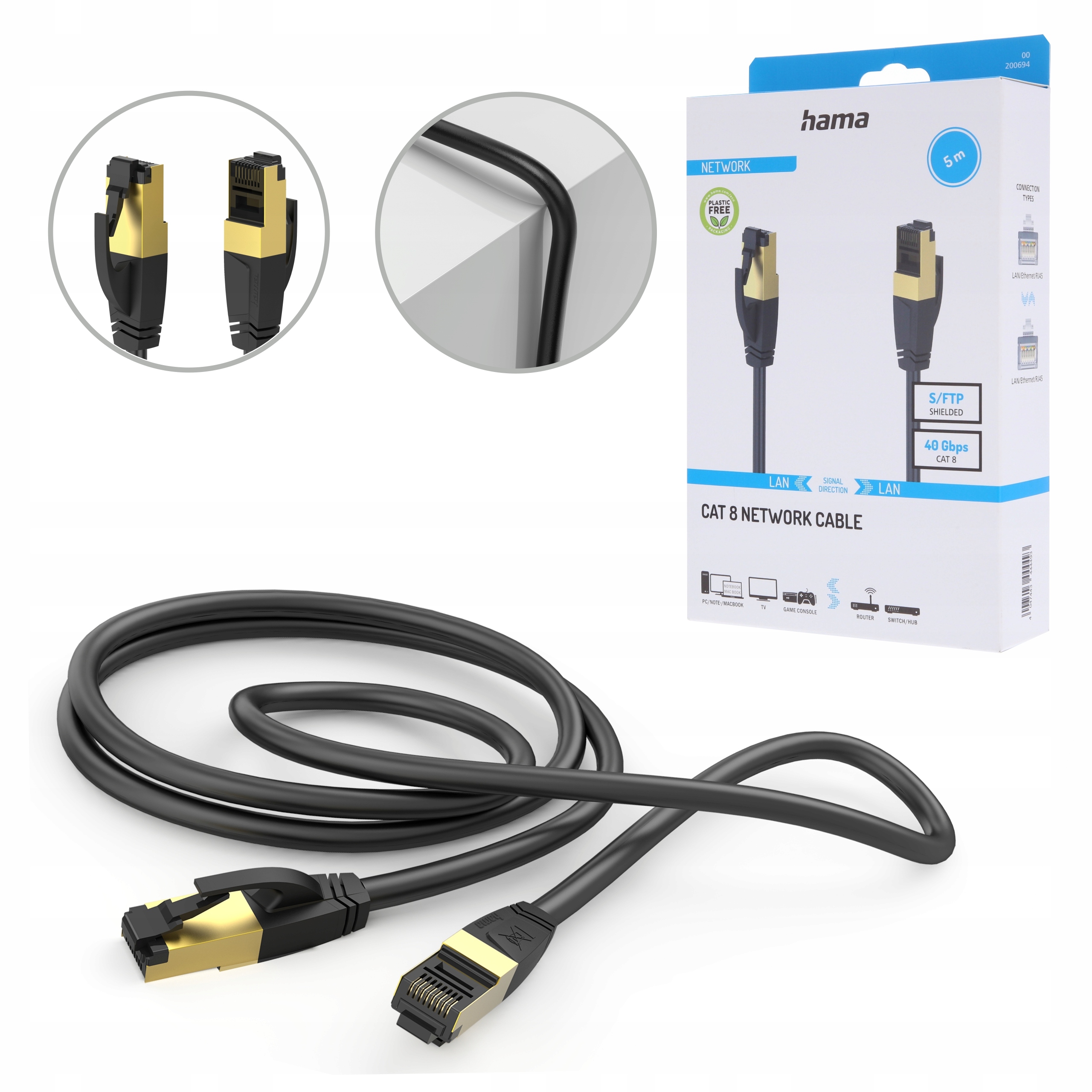 Kabel sieciowy HAMA S/FTP, CAT 8, RJ-45 - RJ-45, 40Gbit/s, 5,0 m