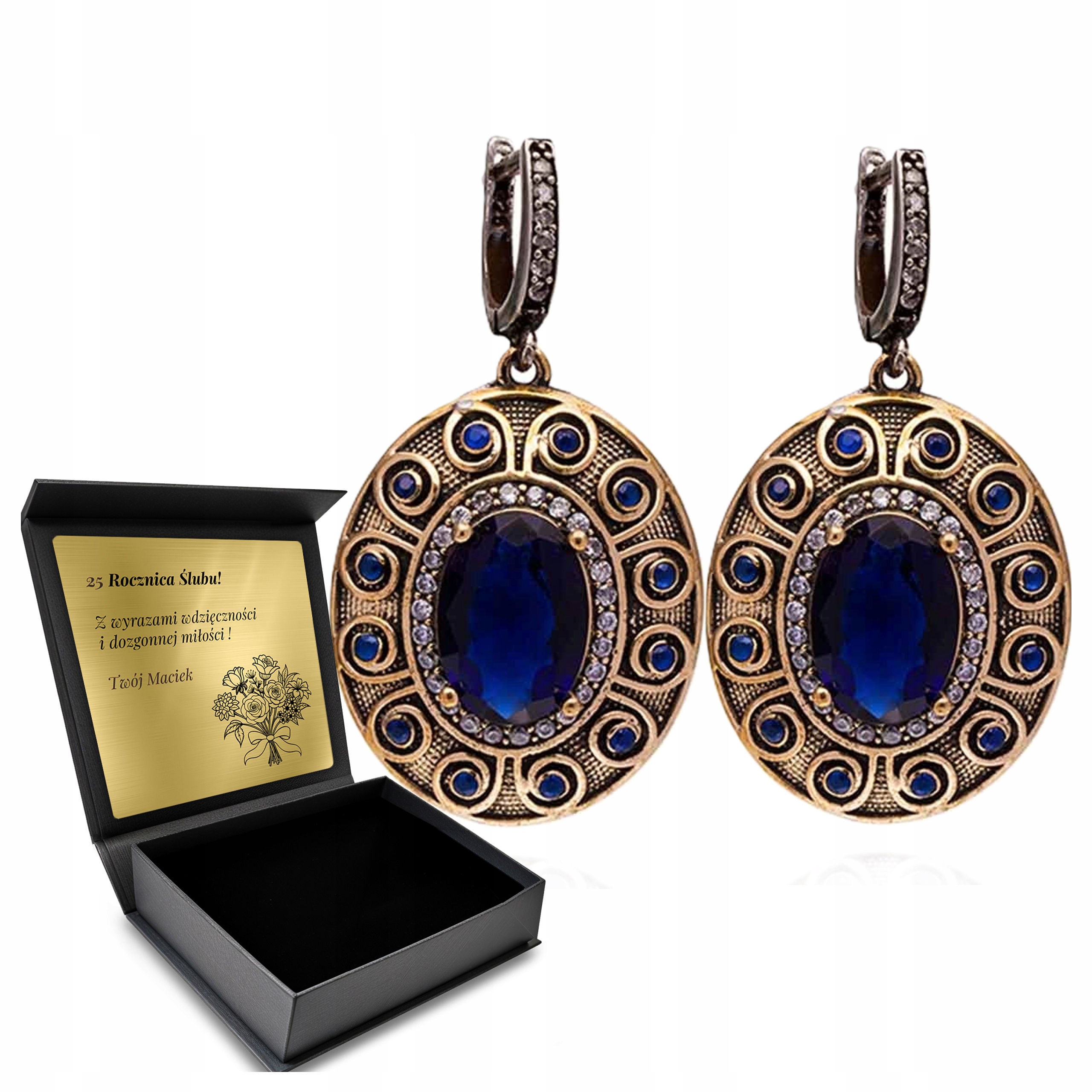 Stříbrné Náušnice Závěsné Náušnice S Safírem Zirkony Dárek pro ženy Gravírování