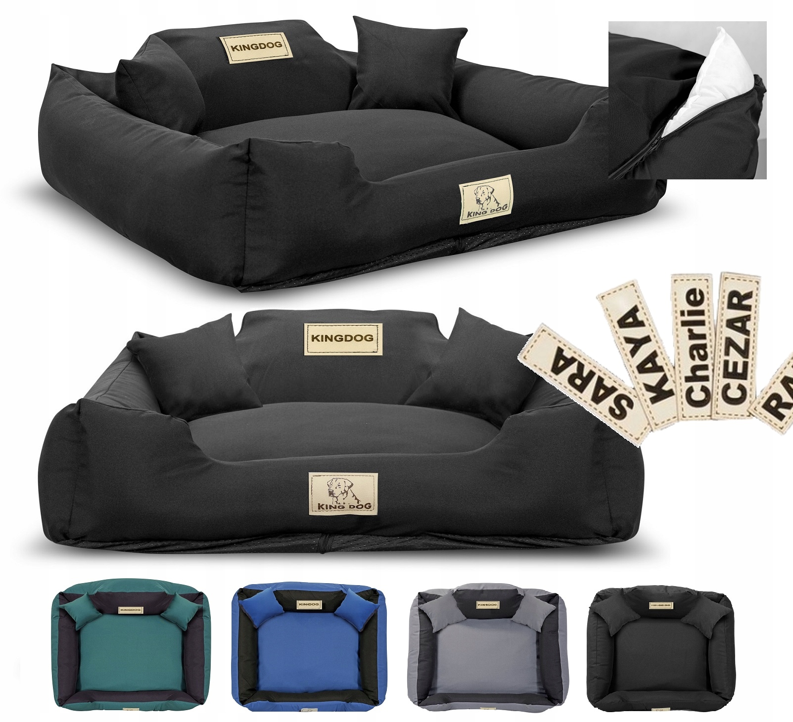 Pelíšek pro psa Jméno 100x75 KingDog rozebíratelný antislip černý kpl