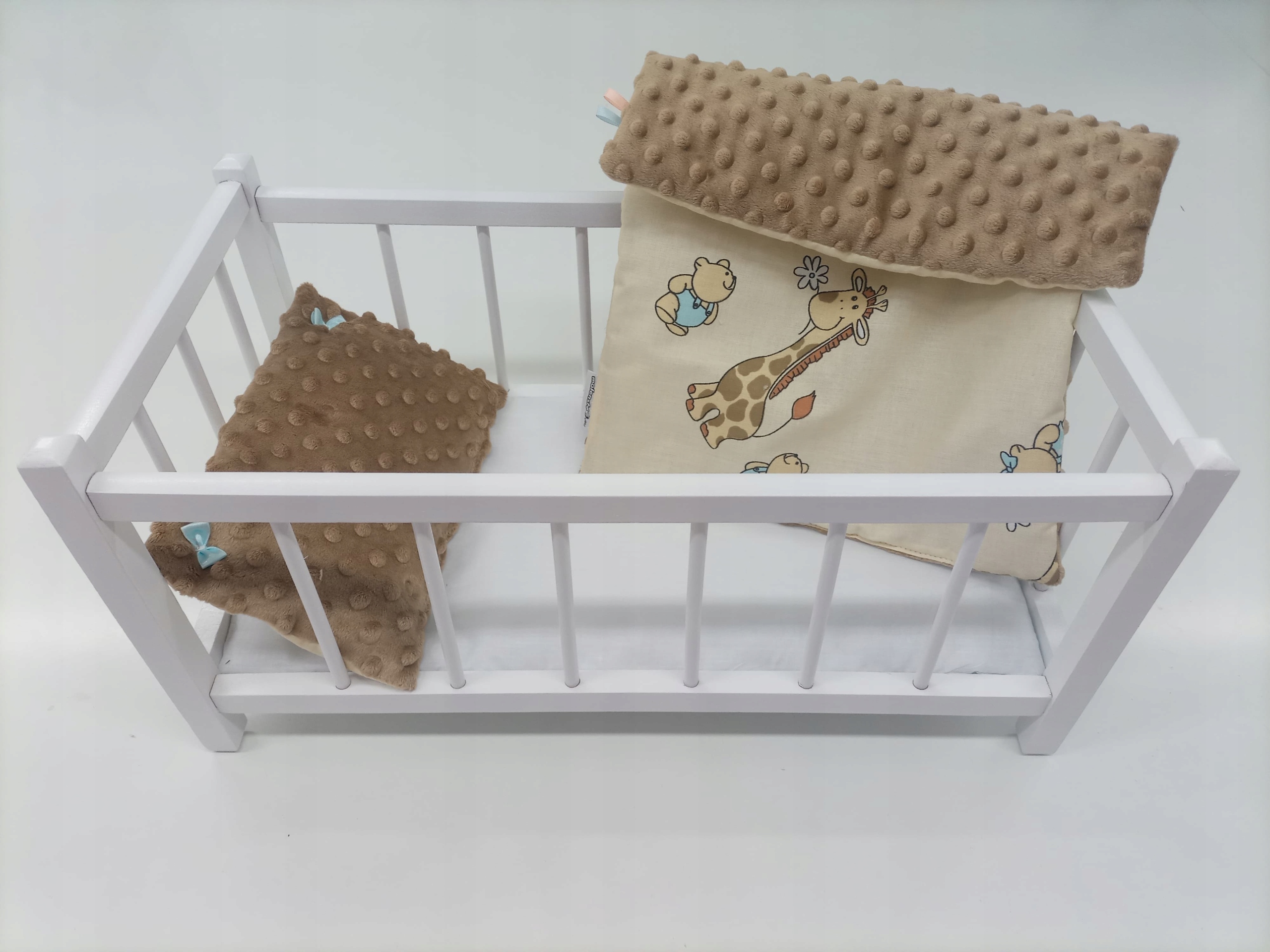 BIAŁE DREWNIANE ŁÓŻECZKO DLA LALEK + POŚCIEL 3EL