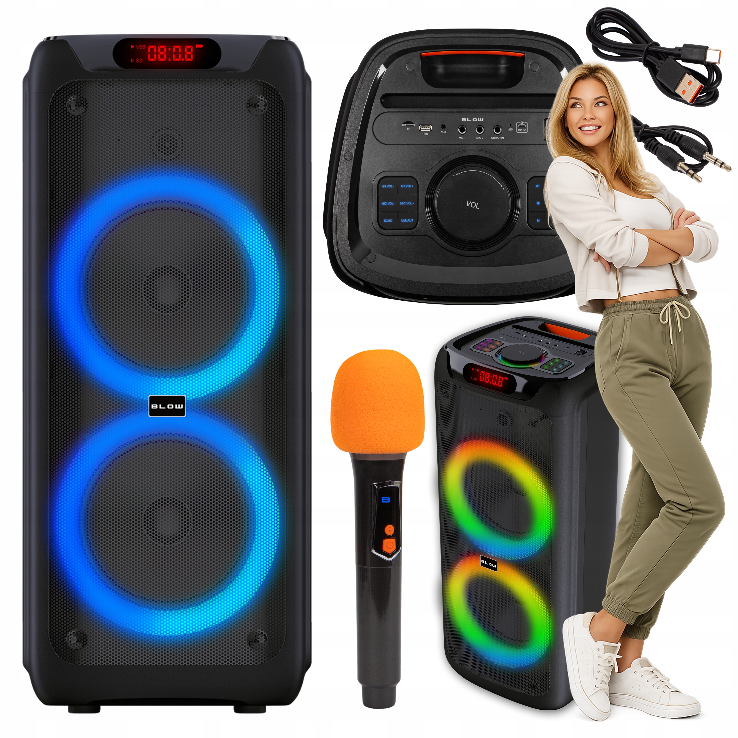 Głośnik Bluetooth Przenośny Bezprzewodowy Duży Mikrofon Karaoke 300W