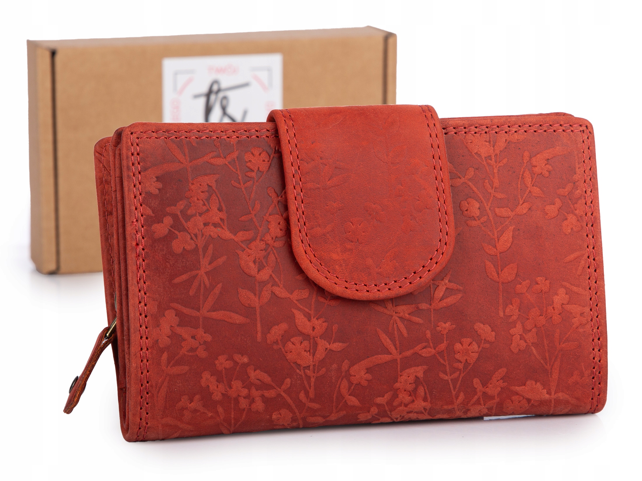 Velká dámská kožená peněženka ve vintage stylu s květinovou ražbou, červená