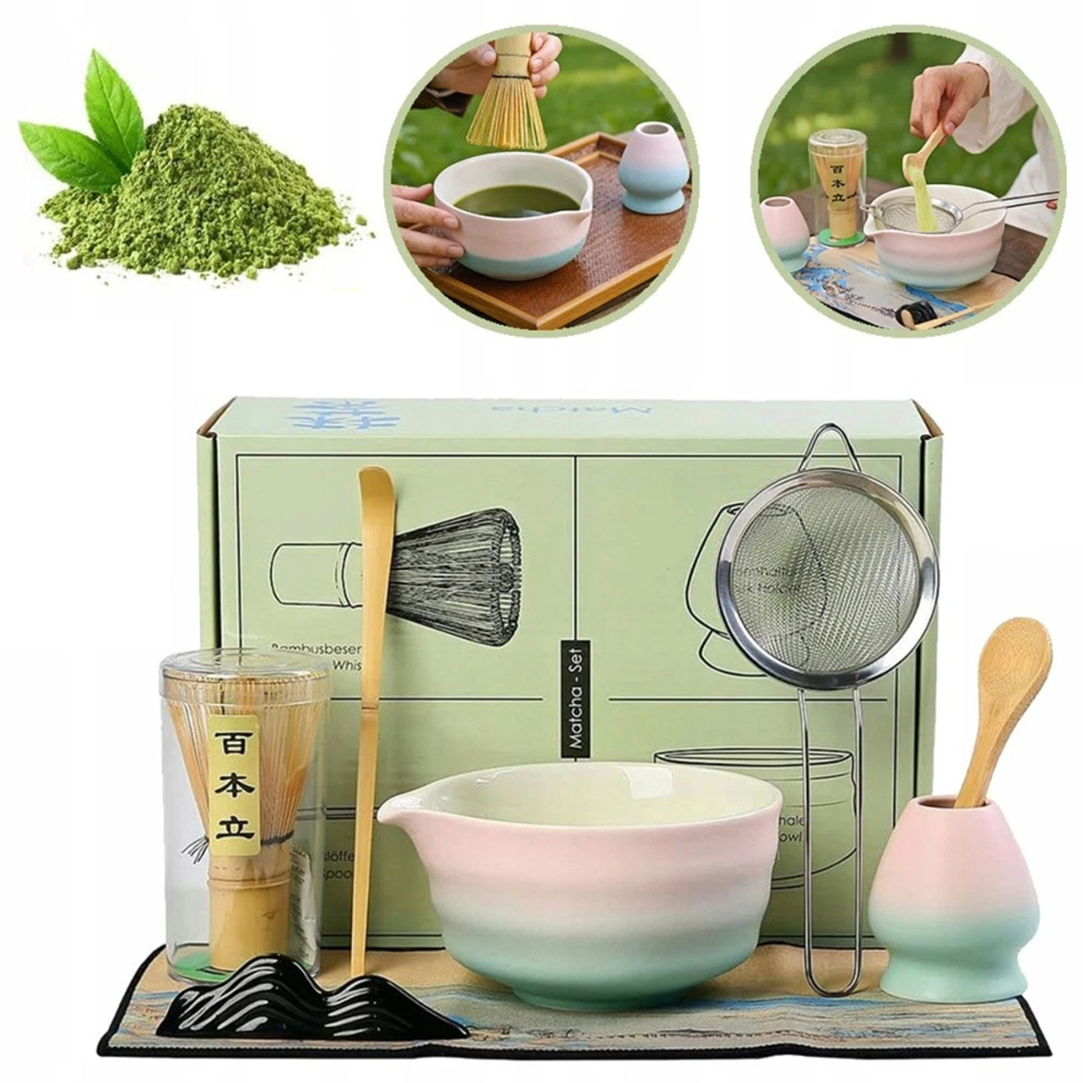 Zestaw do Matchy 8 ceramiczny Czarka miotełka łyżeczka do herbaty Matcha