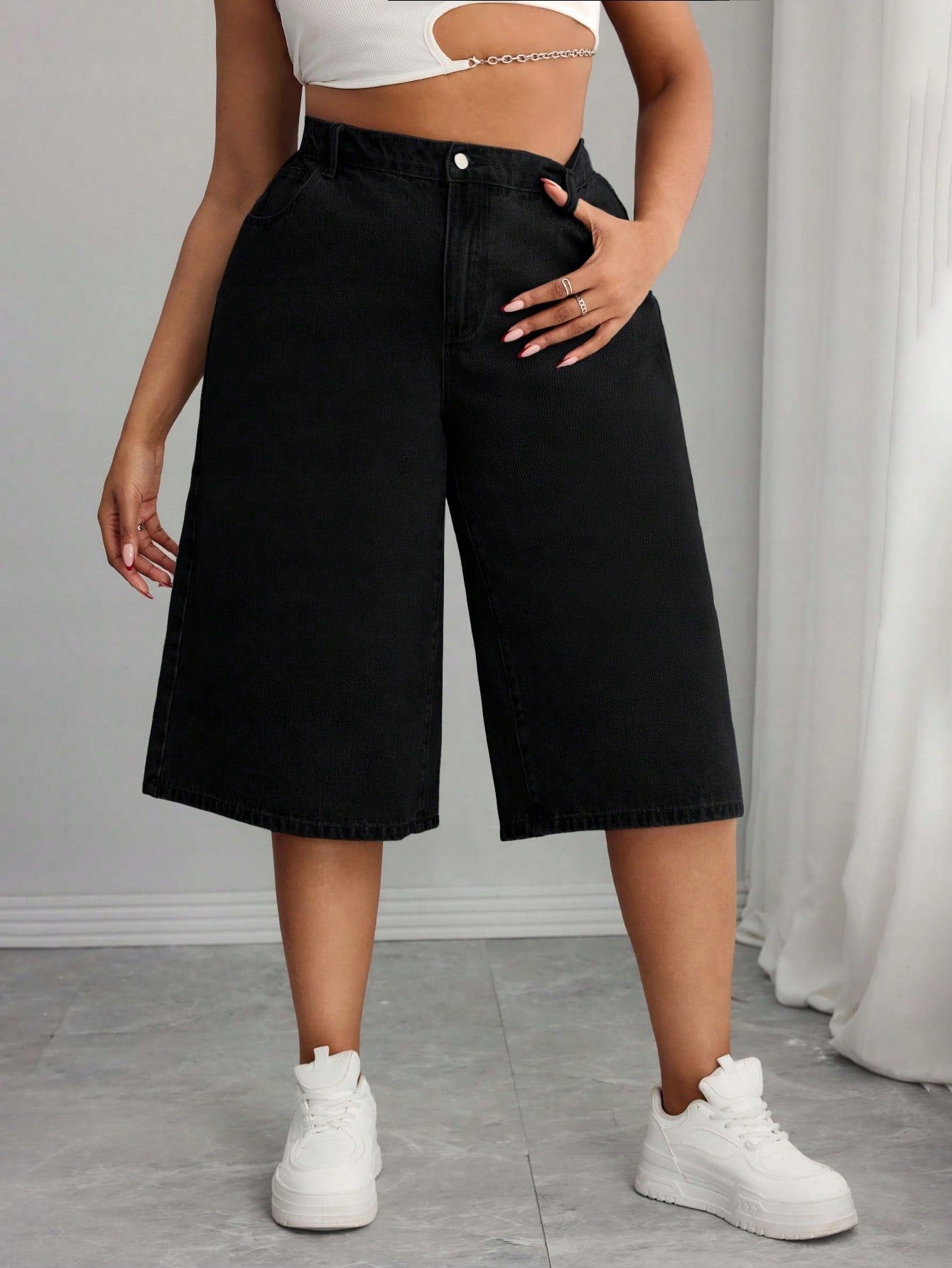 Shein Plus Size Černé Kraťasy Ve Střihu Bermudy 48 1MA